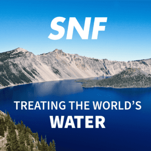 image of crater lake with SNF logo and slogan "Treating the World's Water" overlayed on image