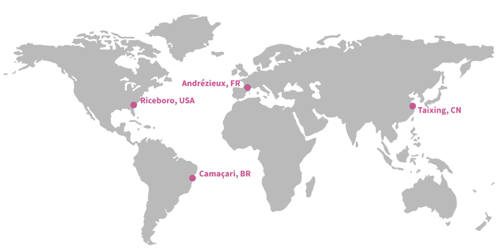 World map with 4 major SNF production sites marked