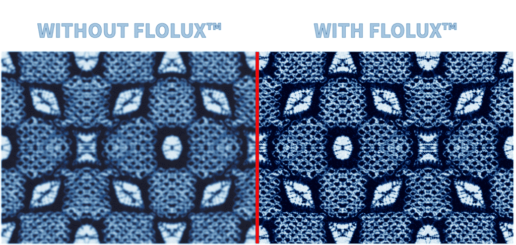 Photo of fabric printing without and with SNF's FLOLUX™ product